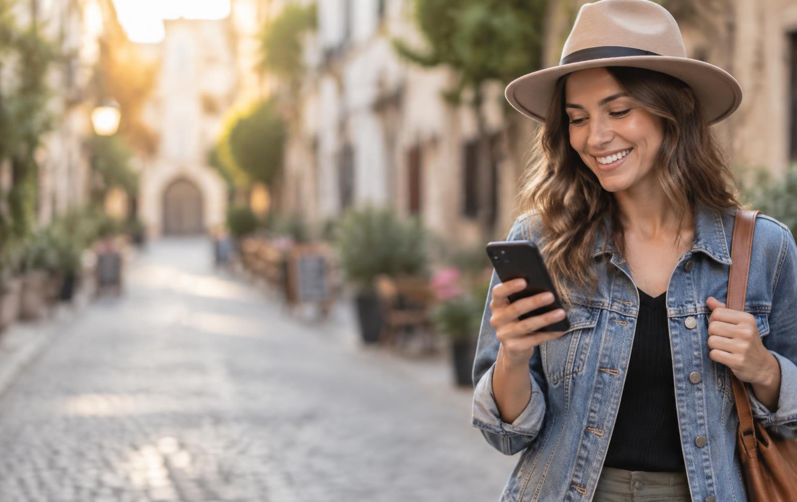 Mujer navegando en su celular al aire libre