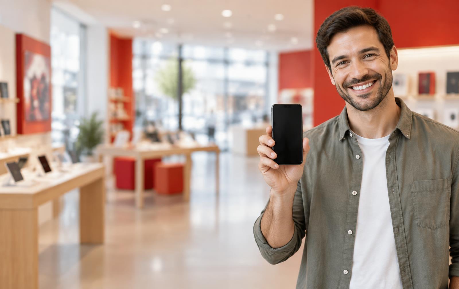 Hombre sonriendo con su celular en la mano