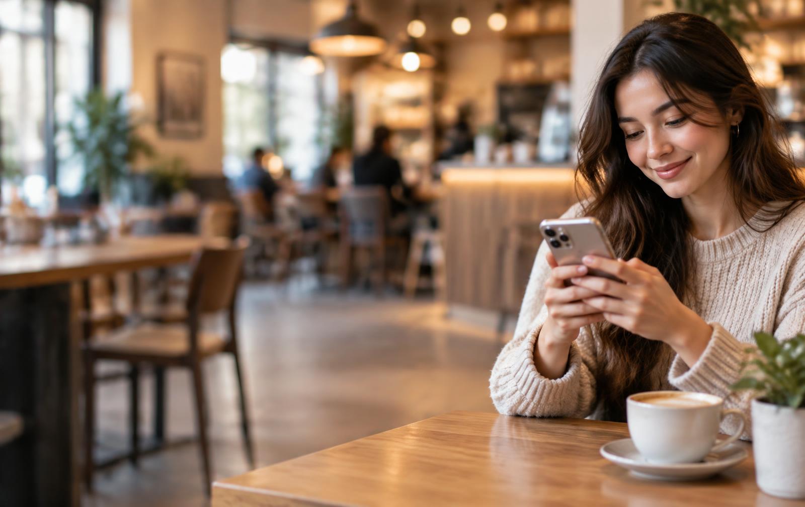 Mujer disfrutando su conexión en un café